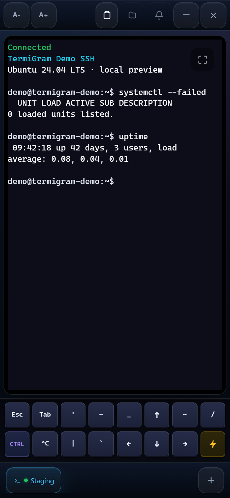 Real SSH terminal session in TermiGram