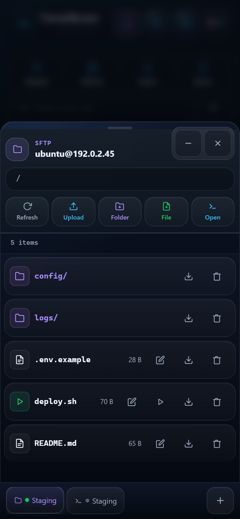 Multiple movable terminal and SFTP tabs
